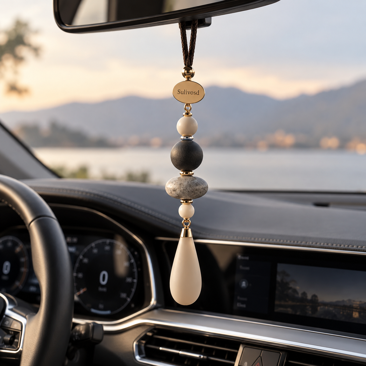 Neutral bead and stone-look pendant ending in an ivory teardrop shape