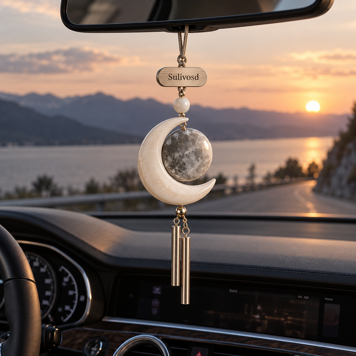 Ivory crescent moon and grey stone-look sphere with two slim metallic hanging tubes