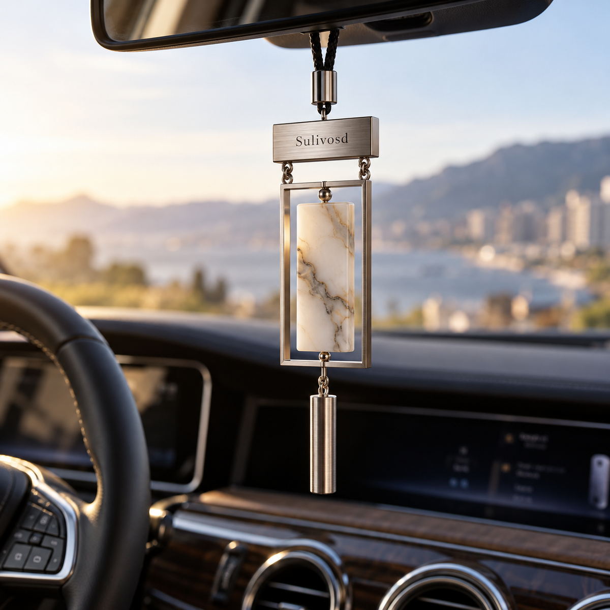 Rectangular metallic frame around an ivory marble-look panel with a cylindrical lower pendant