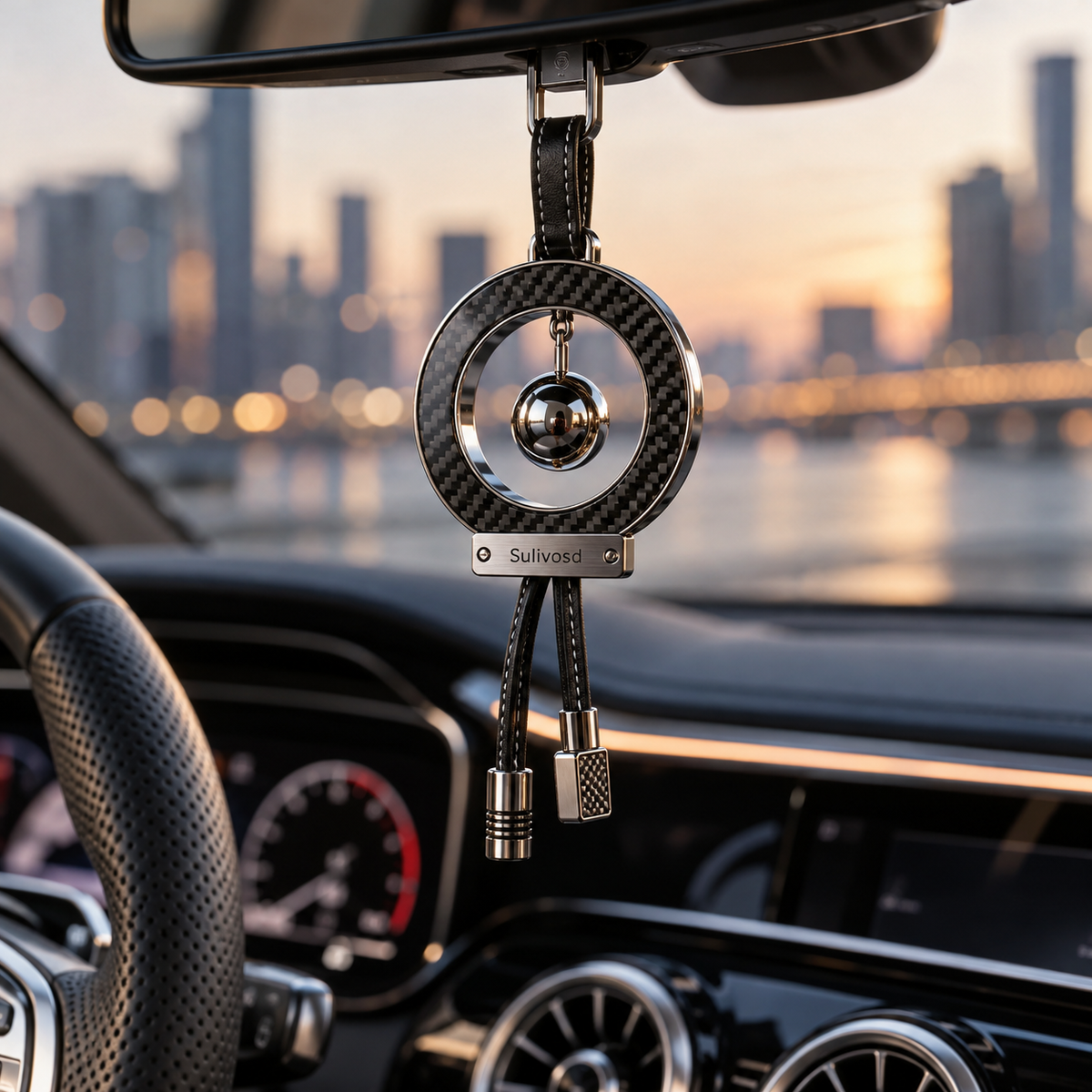 Circular dark carbon-texture halo charm with a polished central orb hanging from a car rearview mirror
