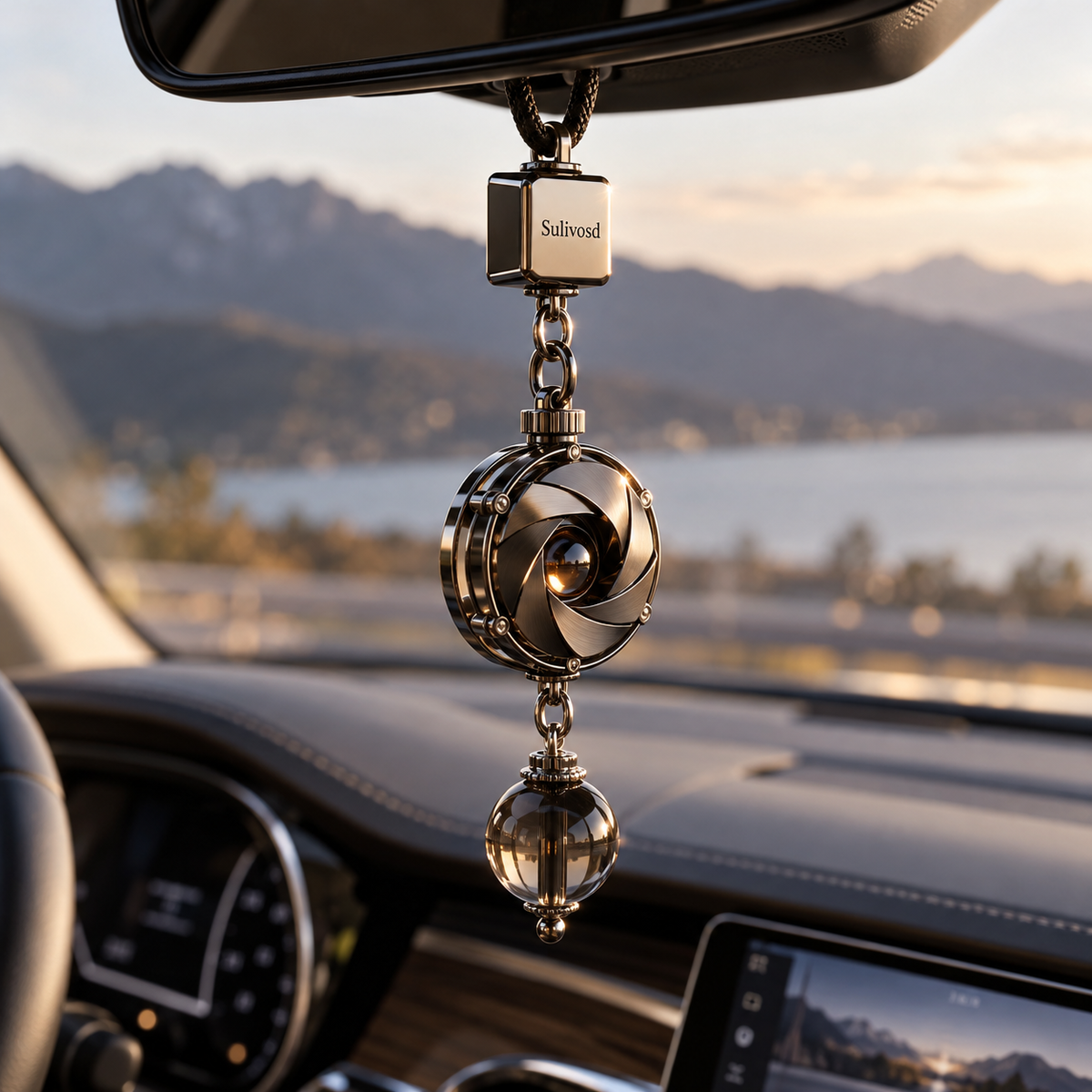 Dark metallic spiral aperture frame with a smoky round drop beneath it