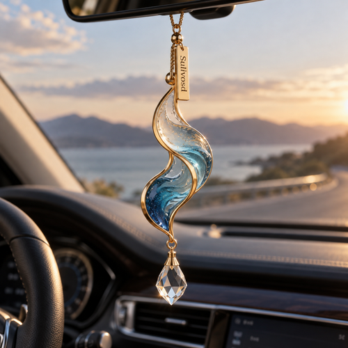 Blue wave-shaped translucent centerpiece with gold-tone edging and a clear faceted drop