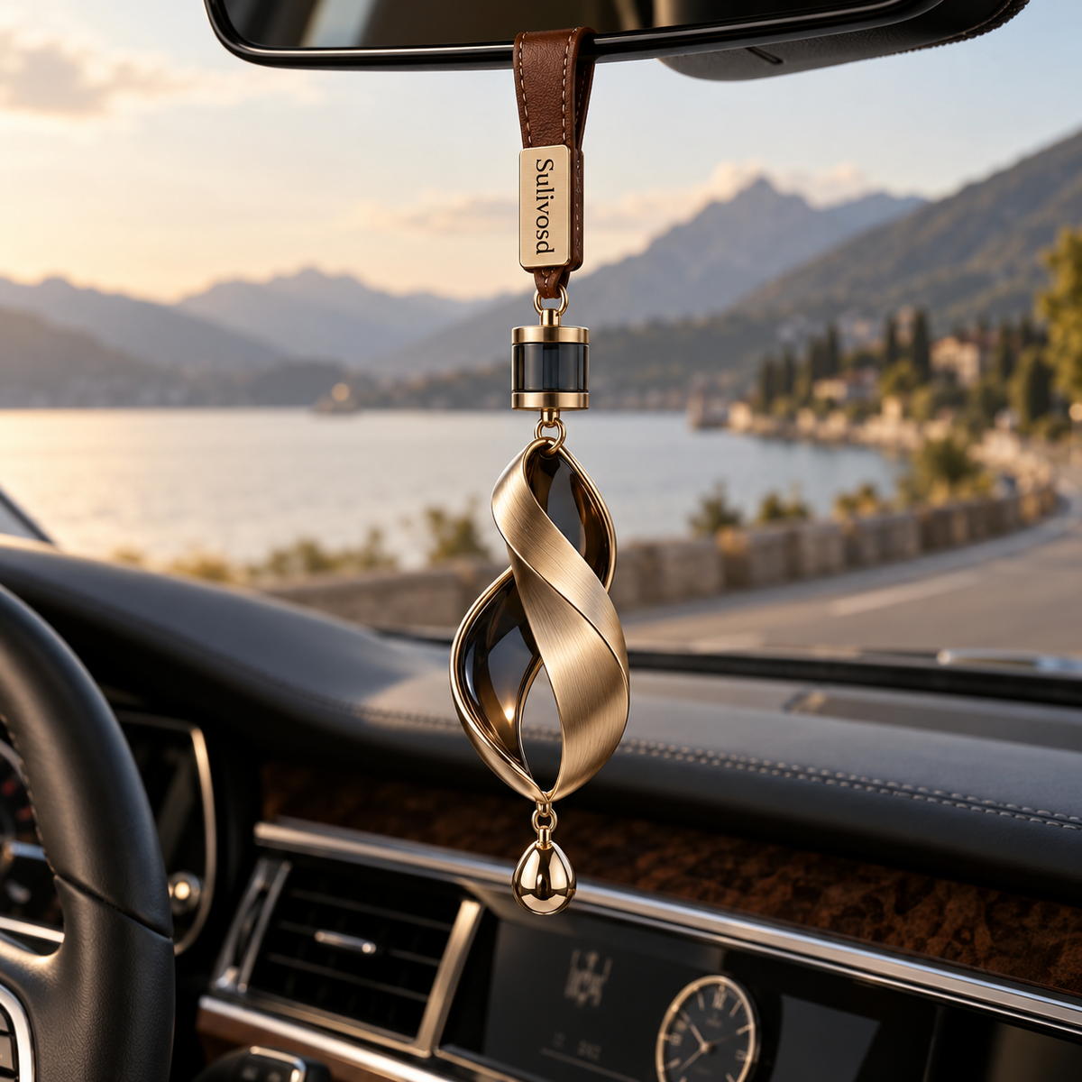 Warm gold sculpted ribbon-shaped pendant with a brown strap and polished drop